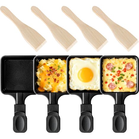 4 pièces poêles à raclette carrées avec spatules en bois, plaques antiadhésives, mini grill fromage, accessoires de remplacement pour table et soirée (1/5)