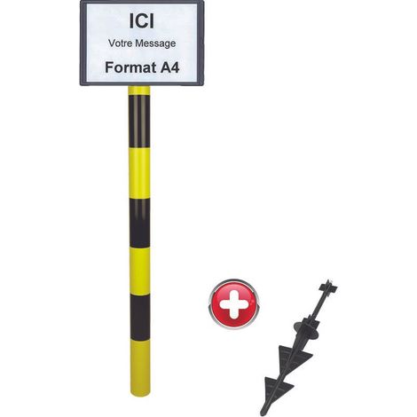 Poteau PVC grande hauteur Jaune/Noir sur pointe avec support d'information A4 - 2000611