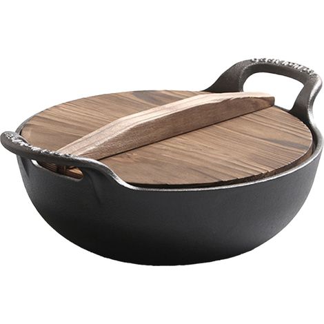 Poêle à frire épaisse antiadhésive Wok en fonte avec poignées de couvercle en bois pour plusieurs tables de cuisson 30 cm/11,8 pouces. (1/5)