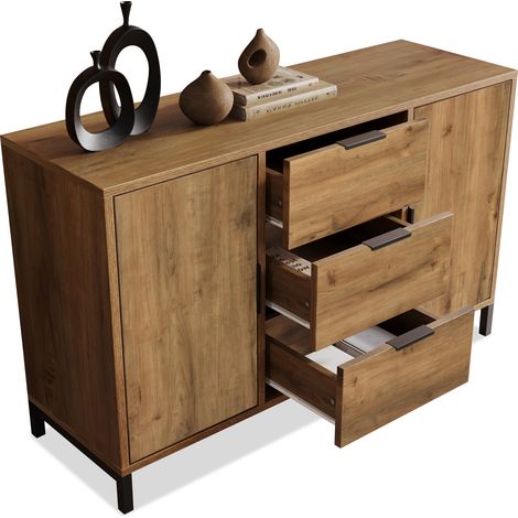 Kommode mit 2 Türen und 3 Schubladen mit Verstellbarem Einlegeboden, Industriestil, Dunkle Eiche, 120×40×76 cm (1/5)