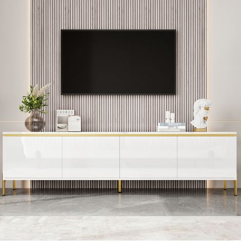 TV-Schrank 170x38x50 cm Weiß aus Holzwerkstoff mit Hochglanzfronten, 4 Türen und Kabeldurchführungen (1/5)
