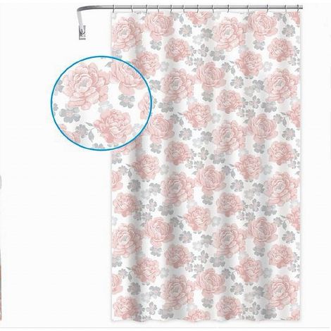 Cleafe - Tenda Per Doccia Vasca Da Bagno 12 Ganci Stampa Fiori Rosa Grigi 240x200cm 87576 - (1/2)