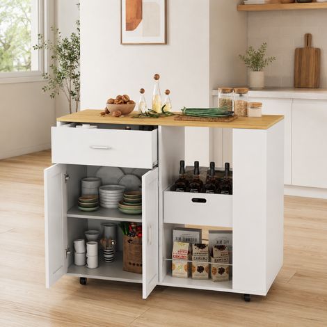 Isla de cocina móvil 102x46x92 cm, carrito auxiliar con ruedas y almacenaje para ahorrar espacio, tablero de roble y MDF, blanco