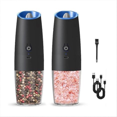 Ensemble de 2 moulins à sel et poivre électriques rechargeables, broyeur à gravité automatique, mouture réglable, lumière LED (1/5)