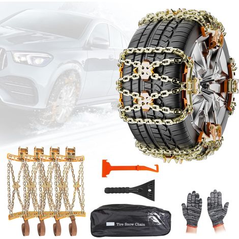 Chaînes à Neige Pour Auto 4 Pièces Chaine Voiture Neige en Fer avec Gratte-Glace Pour Tous Types de Véhicules, Fermetures à Engrenages Automatiques 175mm-265mm