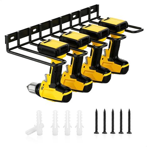 Support Mural pour Outils Électriques, 4 Emplacements Étagère de Rangement, Porte Support pour Perceuse, Porte-outils Abri à Outils pour Garage, Atelier Automobile, 38 x 17,5 x 4,5 cm (1/5)