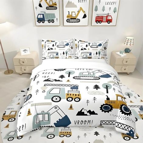 Parure de lit pour enfant avec housse de couette 135 x 200 cm et 1 taie d'oreiller 80 x 80 cm Motif chantier de construction pelleteuse Motif camion tracteur voiture (1/5)