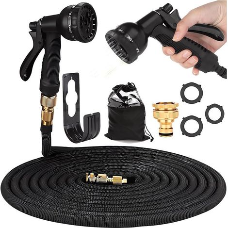 Tuyau d\'arrosage 7m, Tuyau d’arrosage Extensible avec 1/2" et 3/4" (19mm et 13mm) Adaptateurs, 8 Modes d\'Arrosage, Latex Triple Épaisseur Durable avec Raccords en Métal et Sac, Noir (1/5)
