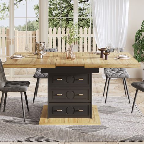 Ausziehbarer Esstisch 110-140 x 80 x 75 cm in Naturholzoptik mit 2 Schubladen und Stauraum (1/5)