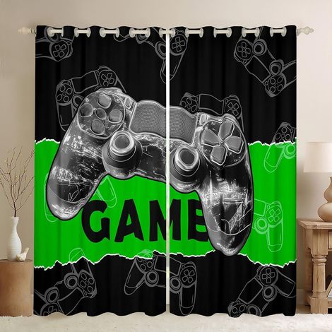 Kids Gamer Rideau de fenêtre, console de jeu vidéo cool pour filles et garçons, gris, manette de jeu 3D, vert noir, traitement de fenêtre pour le bureau et la maison, taille XXL - 260x140cm (HxB) (1/5)