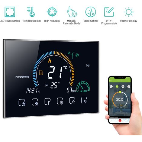 Programmierbarer WLAN-Thermostat 95–240 V, 5+1+1 sechs Temperaturperioden, Sprachsteuerung, LCD-Display, UV-Feuchtigkeitssensor, kompatibel mit Echo und Google Home