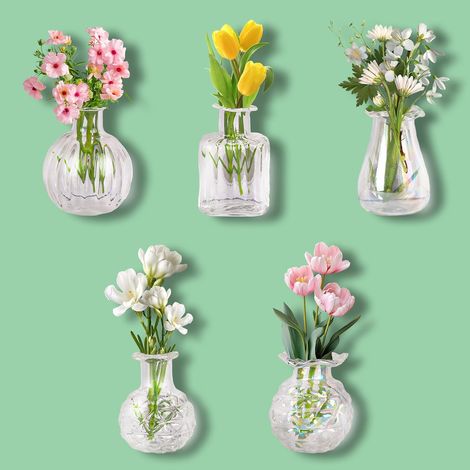 Jolis mini vases comme aimants de réfrigérateur, aimants décoratifs amusants, lot de 5 Vases miniatures en verre avec fleurs artificielles, aimants de réfrigérateur originaux, adaptés aux cuisines, a (1/5)
