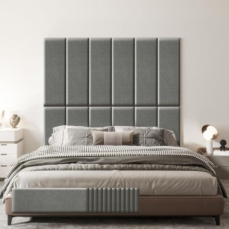 VERCART Wandpaneele Gepolstert, Wandpaneele Selbstklebend aus Leinen, 3D Schalldichtes Bettkopfteil mit Schaumstoff, Wandpolster für Schlafzimmer, Wohnzimmer, Büro, Grau (12 Stück, 60 x 30 cm)