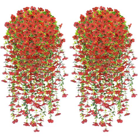 Fleur Artificielle Suspendue, 4 PCS Fleur Artificielle Extérieur, 76CM Plantes Suspendues de Simulation, Fleurs Artificielles Tombante de Mariage pour Balcon Jardin et Patio d'Extérieur, Rouge