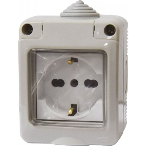 Kit Contenitore Cassetta Elettrica Esterna 1 Presa Schuko Universale + Coperchio Stagno IP55, Montaggio Da Parete Esterno,Omologato IMQ
