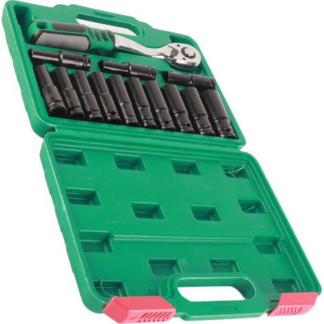 Set clé de cliquet 14 pièces, douilles métriques à choc pour réparation auto, outil mécanique avec cliquet réversible, coffret robuste. (1/5)