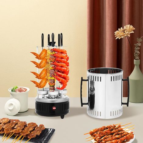 Barbecue électrique vertical en acier inoxydable - 1000 W - Pour la maison - Avec 5 brochettes, poignées et bac d'égouttement d'huile - Noir et argenté