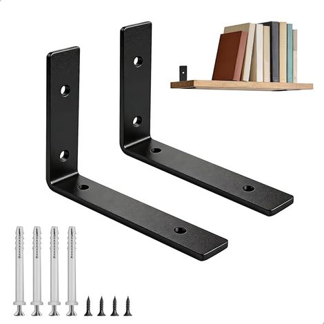 Set de 2 pièces, support mural en l, fixation invisible, support en acier robuste pour Bureau, cuisine, salon, salle de bains, Noir 175 mm (1/4)