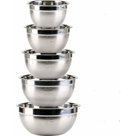 Set di 5 ciotole in acciaio inox per mescolare, insalatiera in acciaio inox, ciotola in acciaio inox, dimensioni (1,4 l, 1,9 l, 2,4 l, 3,3 l, 4,5 l) come ciotole da portata per creme, snack, patatine (1/4)