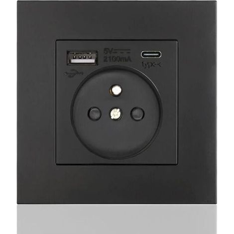 Panneau de prises françaises Type-c+USB16A Type 86, nombre de prises : 2 trous, nombre de ports USB : 1, nombre de ports type-c : 1, sûr et ferme(carré noir) (1/5)
