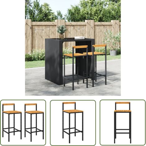 The Living Store Tabourets de bar lot de 2 noir résine tressée et bois d'acacia - Tabouret De Bar - Tabouret De Comptoir - Mobilier De Jardin - Meubles D'extérieur - Résine Tressée (1/5)