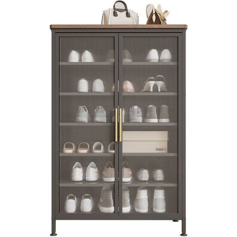 Armadio per scarpe metallico grigio nero - Porte in vetro ondulato - Ripiani modulari - Ingresso vestibolo (1/5)