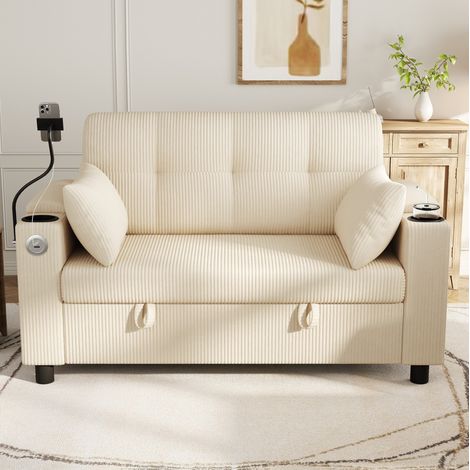 Canapé 2 places en velours côtelé beige avec rangement, USB-C et porte-gobelets OKWISH (1/5)