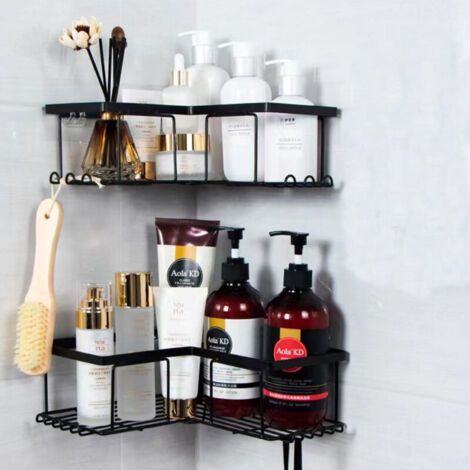 Duschablage ohne Bohren, Eckbadezimmerablage, Duschablage für Shampoo und Duschgel, Schwarz (2-teilige Eckduschablage) (1/4)