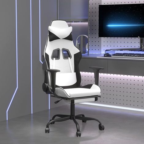 vidaXL Silla gaming con reposapiés cuero sintético blanco negro (1/5)