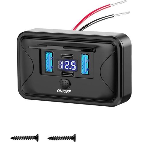 Prise USB 12 V en saillie 84 W 4 ports 2 x PD3.0 et 2 x QC3.0 Charge rapide avec interrupteur et voltmètre LED bleu pour camping-car, bus, bateau, tracteur, chariot de golf (1/5)