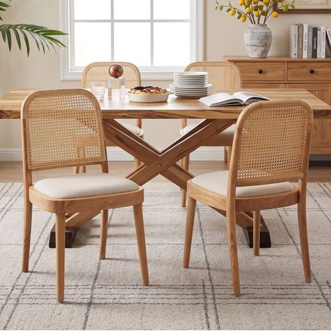 Juego de 6 sillas de comedor de madera y ratán, asiento de lino, color madera OKMYHOME (1/5)