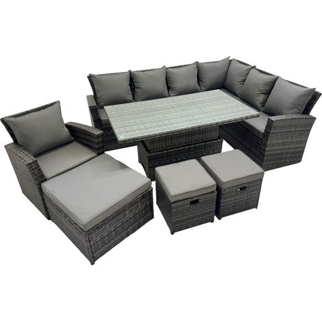 Fimous 10 Seat Rattan Garden Furniture Corner Sofa Set Outdoor Adjustable Lifting Dining or Coffee Table Set with 3 Footstools Dark Grey Mixed (1/5)