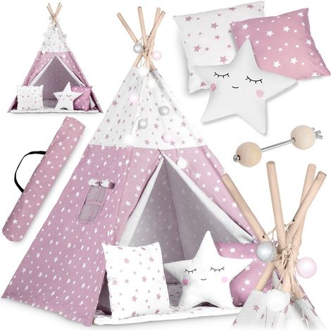 Kinder tipi zelt mit lichterkette nukido - rosa mit sternenmuster