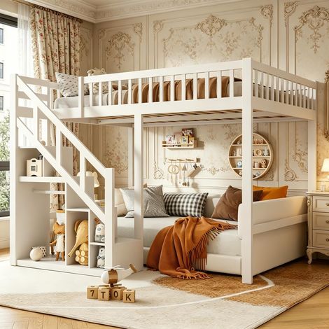 Lit mezzanine 140x200,Lit superposé enfant,Lit mezzanine 2 places,escalier rangéable,barrière motifs étoiles,bois massif,Blanc