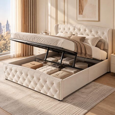 Polsterbett 140x200 cm mit Bettkasten hydraulisch, Doppelbett mit Chesterfield-Steppung und Nietenverzierung, Samtstoff, Lattenrost, Beige (1/5)