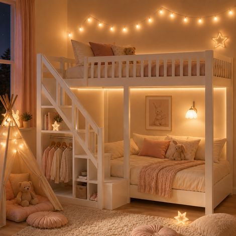 Lit mezzanine enfant 90x200 cm, sommier à lattes, barrière antichute, escalier de rangement, espace ouvert personnalisable, bois massif blanc