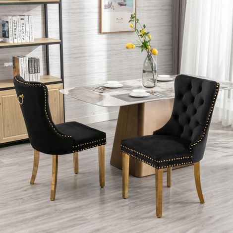 Lot de 2 Chaises de Salle à Manger Collection Nikki Haut de Gamme en Bois Massif Capitonné Velours, Pieds Acier Inoxydable Doré Garniture Cloutée, Design Contemporain Luxueux Noir et Or (1/3)