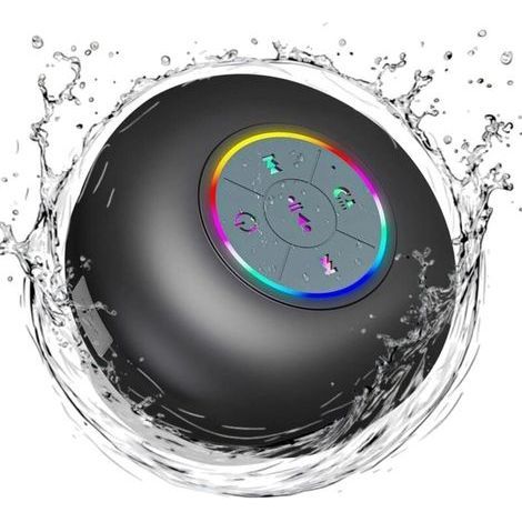 PA Enceinte de douche Bluetooth étanche avec lumière LED, indice d'étanchéité IPX4, mini-enceinte sans fil portable, appels mains libres, microphone intégré, ventouse (noire). (1/4)