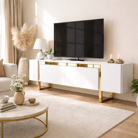 TV-Möbel Weiß Yildiz 180x50x30 - Goldener Rahmen