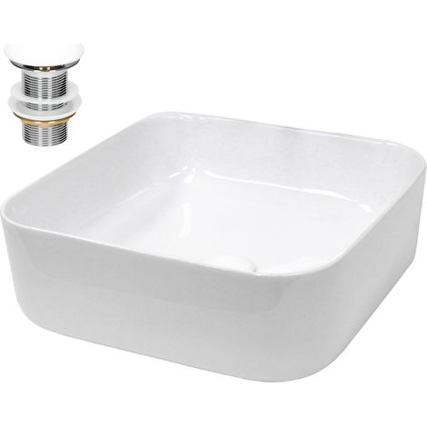 ECD Germany Lavabo Cerámica Blanco Cuadrado 390x390x140 mm Con Juego De Drenaje Sin Rebosadero Lavamanos Moderno Sobre Encimera Pila Para Baño Aseo Fregadero Colgante Válvula De Desagüe Pop Up (1/5)