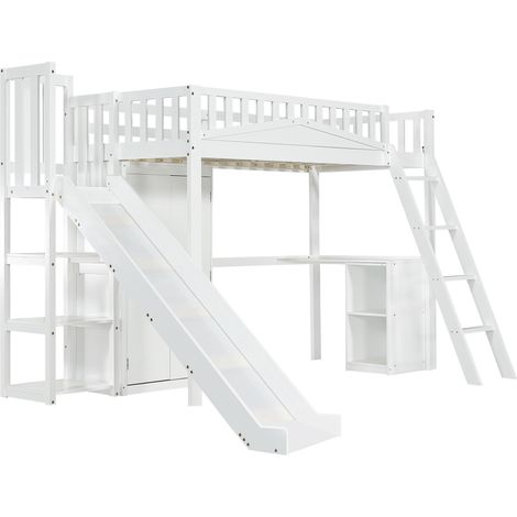 Letto a soppalco per bambini bianco 90 x 200 cm con scivolo, scrivania, armadio e contenitori (1/5)