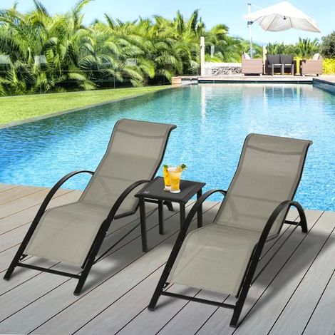 Lot de 2 bains de soleil - SINGULARITY - 169x59x66 - métal époxy - textilène gris - table verre trempé (1/5)