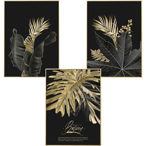 Ensemble de 3 affiches murales design avec des motifs de forêt, des feuilles dorées et des palmiers, sans cadre, décoration murale pour le salon