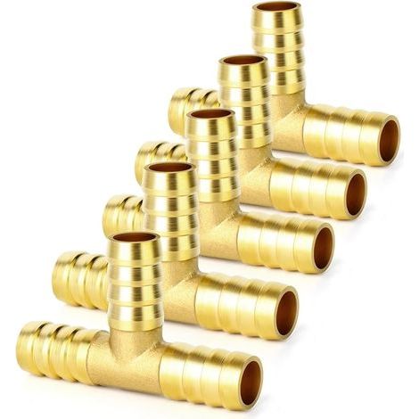 5 pieces Brass Hose Barb Tee, 3-Way Tee Hose Fitting (14mm"Hose Barb) GO (1/4)