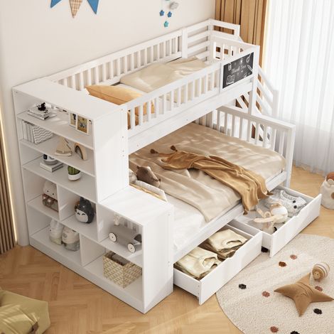 Lit superposé cabane 90x200/140x200 en bois blanc rangement, gain de place, sans matelas – MEUBLIV (1/5)