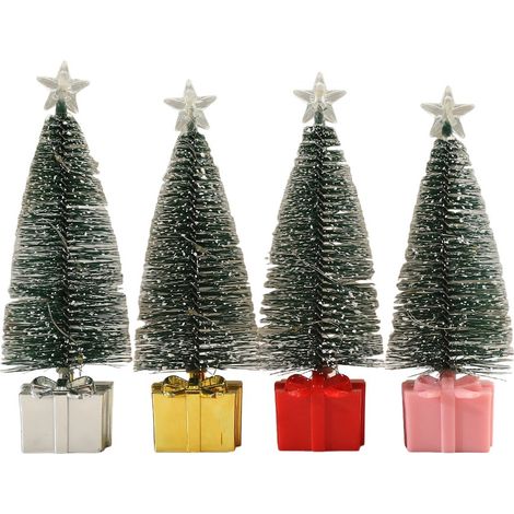 Mini árbol de Navidad de mesa iluminado con abeto nevado, base en caja de regalo, LED blanco cálido que cambia de color, pequeña decoración navideña para el hogar o la oficina. (1/5)