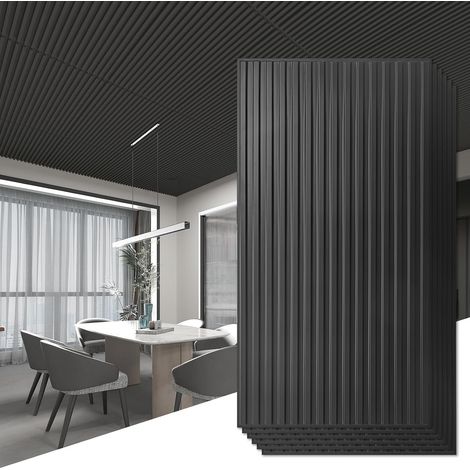 Lot de 6 panneaux muraux 3D à lattes, carreaux de plafond décoratifs PVC,Pour décoration murale intérieure,61 x 122cm, Noir (1/5)