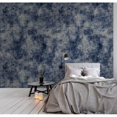 Papier peint panoramique pour chambre d'ado | Tapisserie panoramique bleue foncée et beige à motif | Papier peint panoramique imitation textile - 270 x 500 cm (5 pièces) (1/5)