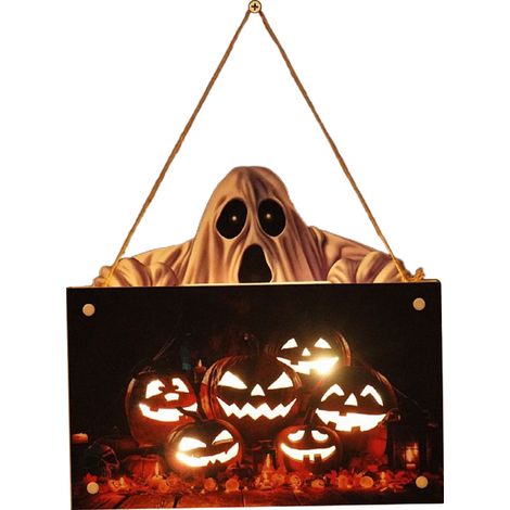 Beleuchtetes Holzschild mit Halloween-Kürbismotiv zum Aufhängen an Wand oder Tür, für die Innen- und Außendekoration von Haus und Garten, ideal für Partys. (1/5)