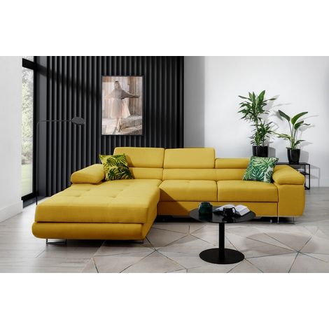 Canapé d'angle convertible ARMEL en tissu luxe 5 places, jaune moutarde, avec coffre, angle gauche (vu de face) (1/5)